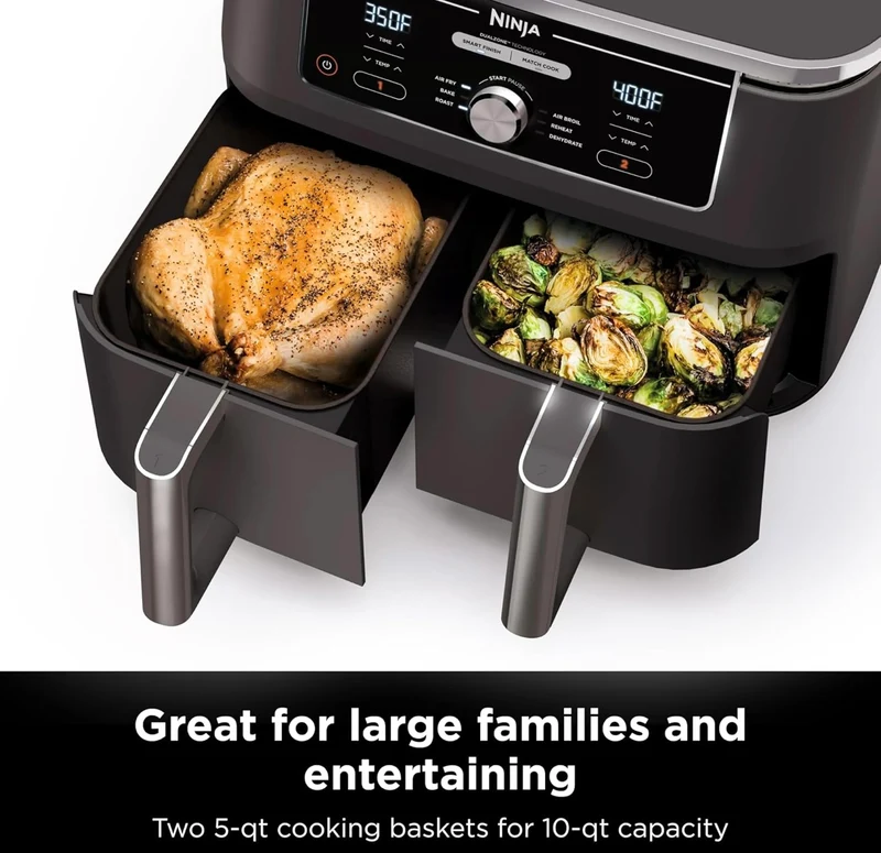 Ninja DZ401 Foodi 10 Quart 6-in-1 DualZone XL 2-Basket Air Fryer with 2 Independent Frying Baskets - Grey