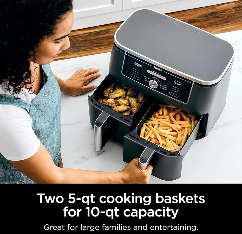 Ninja DZ401 Foodi 10 Quart 6-in-1 DualZone XL 2-Basket Air Fryer with 2 Independent Frying Baskets - Grey