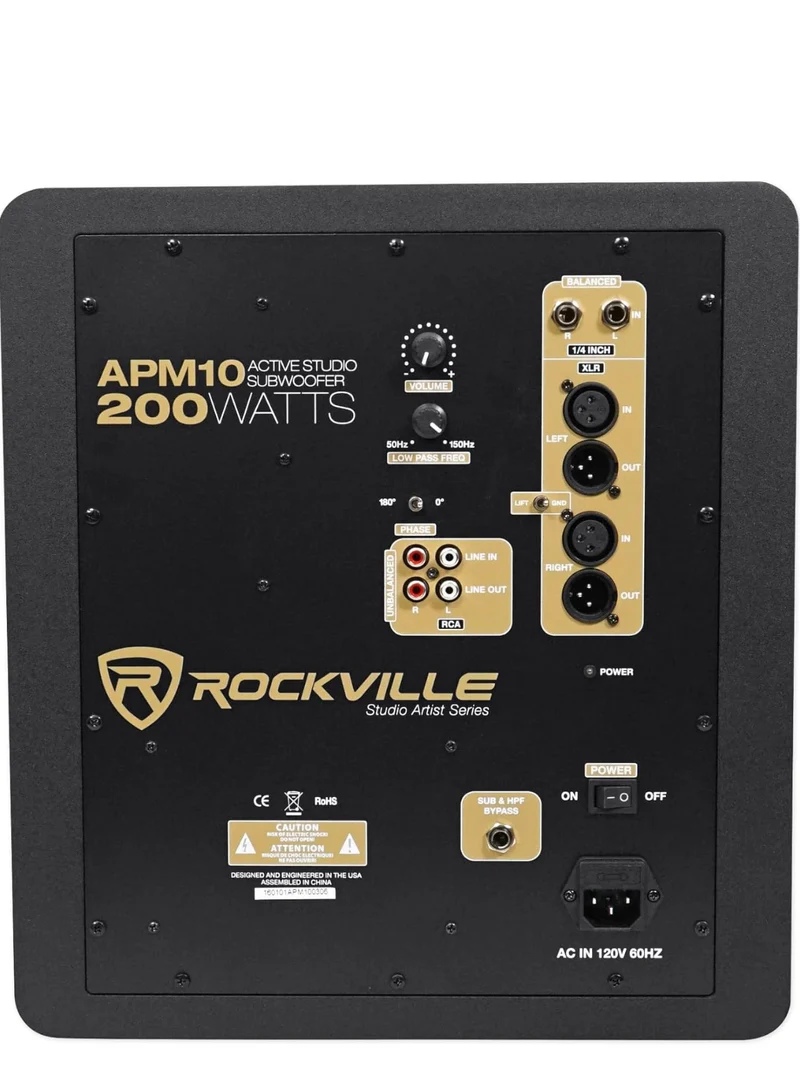 Rockville APM10B Active Studio Subwoofer in Black, 10"", 400W, MDF Wood, RCA/XLR/Optical, Front-Firing Port