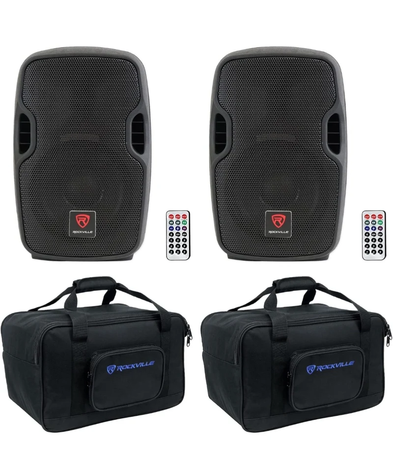 Rockville Pair BPA8 8" Professional Powered Active 300w DJ PA Speaker w Bluetooth Bundle with Rockville Pair TB8 Lightweight Rugged Speaker Bag Carry Case for 8" DJ PA Speakers