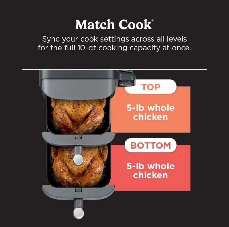Ninja DoubleStack XL Smart 2-Basket Air Fryer, Smart Cook System, DoubleStack Technology Cook 10 QT, 6-in-1, Smart Finish & Match Cook, Air Fry, Broil, Bake (SL451)
