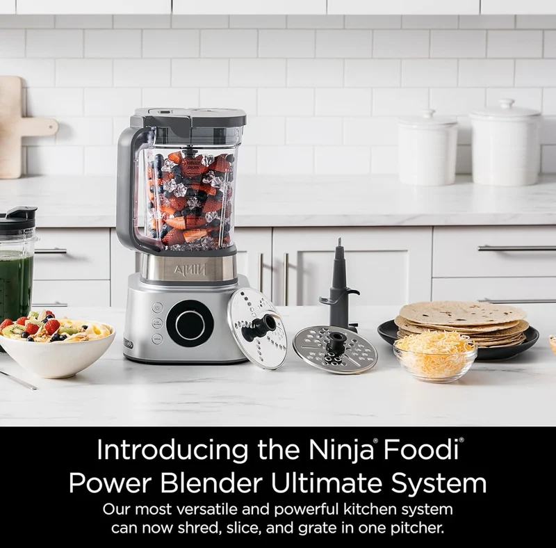 Ninja Blender and Food Processor Combo, Foodi Power Blenders For Kitchen and Personal Size 72-oz. Glass Pitcher & To-Go Cups -Silver SS401
