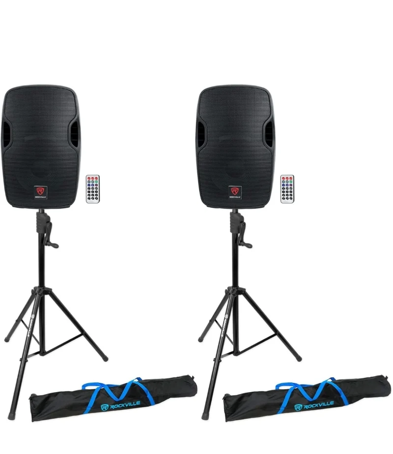 Rockville (2) BPA12 12" Powered 600 Watt DJ PA Speakers + Crank-Up Speaker Stands (Black)