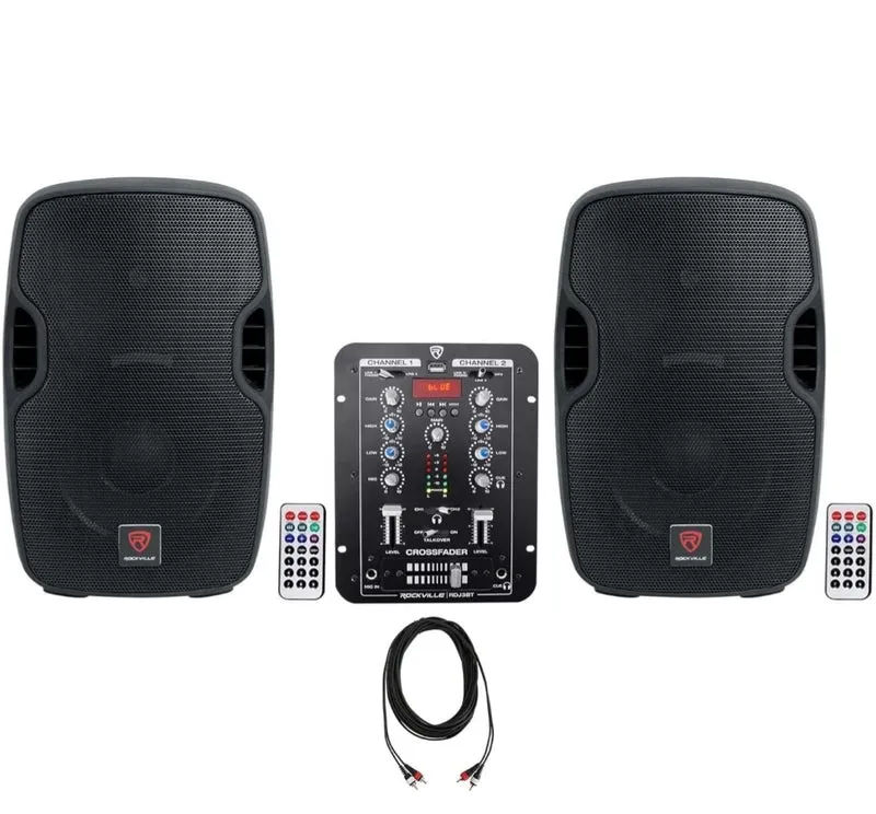 Rockville Bundle: (2) BPA10 10" Professional Powered Active 400w DJ PA Speaker Bundle with RDJ3BT 2 Ch DJ Mixer PACKAGE