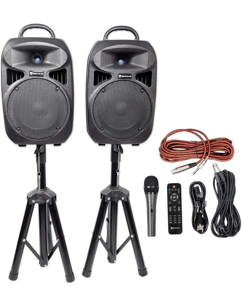 Rockville RPG082K Dual 8" Powered PA System Speakers/Bluetooth - BUNDLE