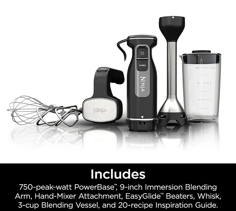 Ninja Hand Mixer, Immersion Blender, Foodi Power Mixer System, 750-Peak-Watt Handheld Emulsion Blender & Electric Hand Mixer Combo - Black CI101
