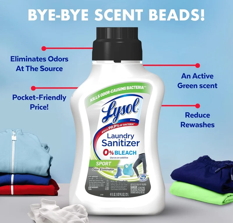 Lysol Sport Laundry Sanitizer Additive, Sanitizing Liquid for Gym Clothes and Activewear, 0% Bleach, Eliminates Odor Causing Bacteria, 41oz