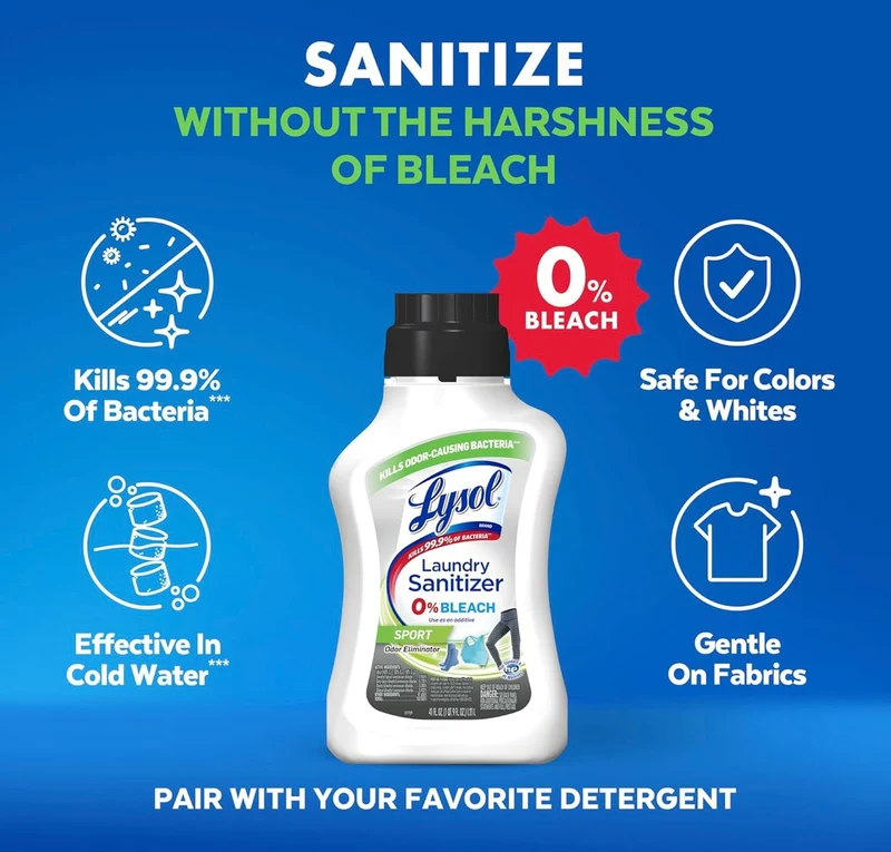Lysol Sport Laundry Sanitizer Additive, Sanitizing Liquid for Gym Clothes and Activewear, 0% Bleach, Eliminates Odor Causing Bacteria, 41oz