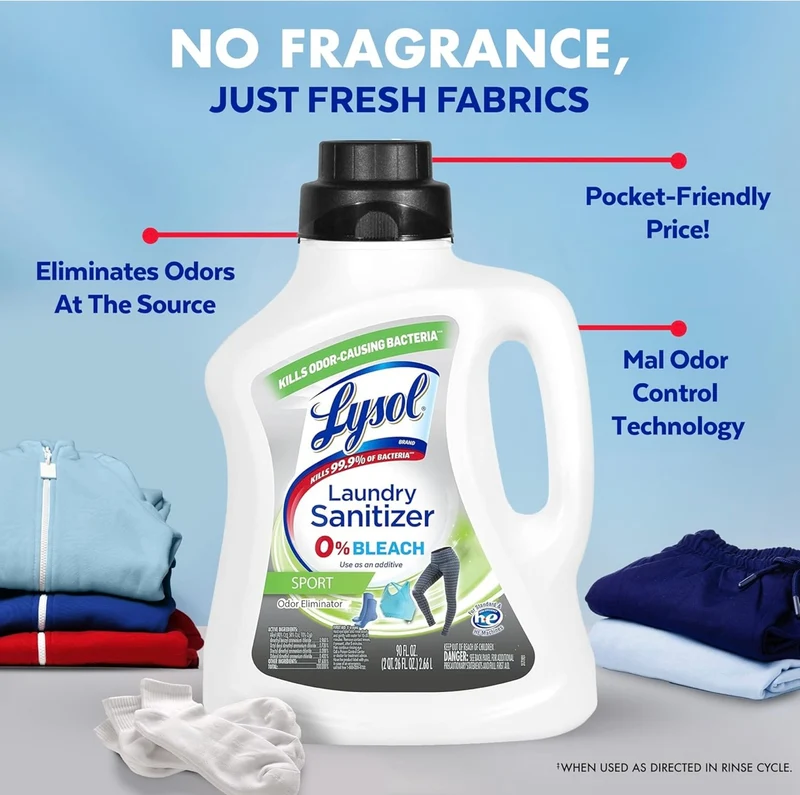 Lysol Sport Laundry Sanitizer Additive, Sanitizing Liquid for Gym Clothes and Activewear, Eliminates Odor Causing Bacteria, 90oz