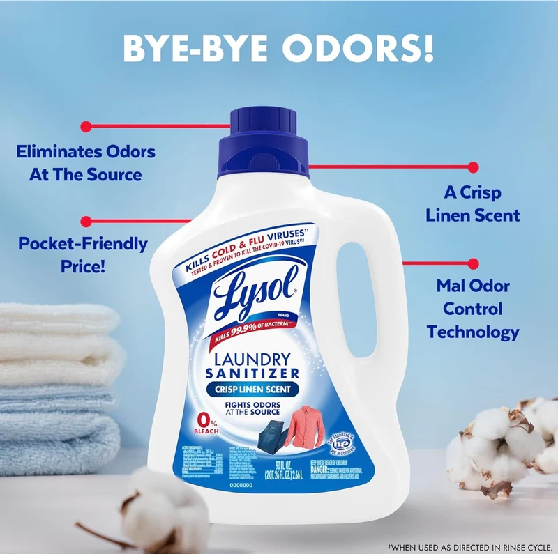Lysol Disinfectant Laundry Sanitizer & Scent Booster, Laundry Detergent Additive, Color Safe Bleach Alternative, Laundry Odor Eliminator, Kills Bacteria & Viruses, Crisp Linen Scent, 90 Fl Oz
