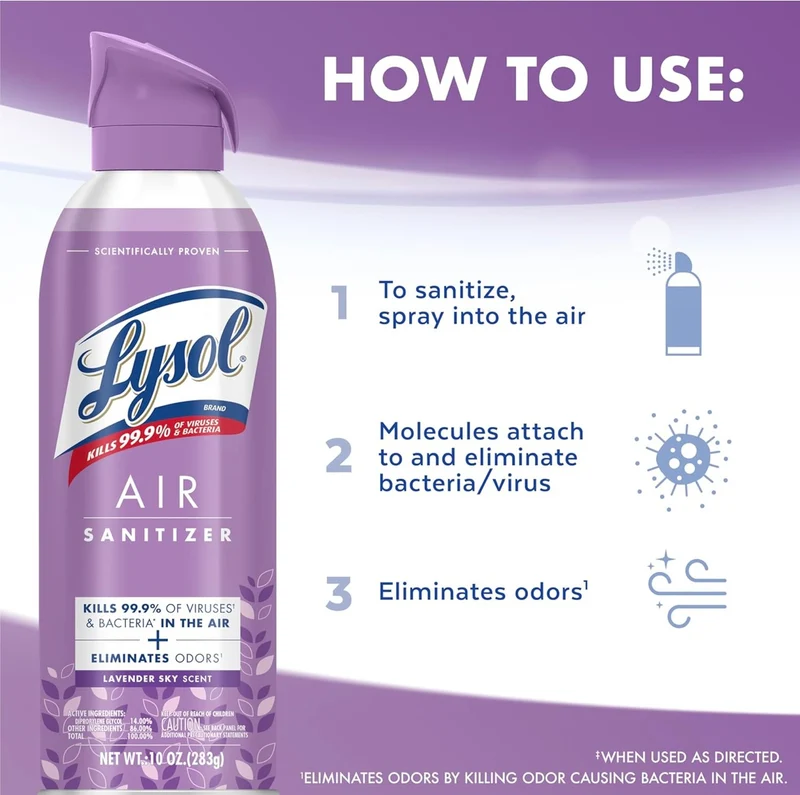 Lysol Air Sanitizer Spray, For Air Sanitization and Odor Elimination, Lavender Sky Scent, 10 Fl. Oz (Pack of 3)