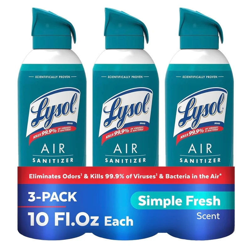 Lysol Air Sanitizer Spray + Odor Eliminator for Home & Office, Sanitizing Air Spray, Simple Fresh Scent, 10 oz (Pack of 3)