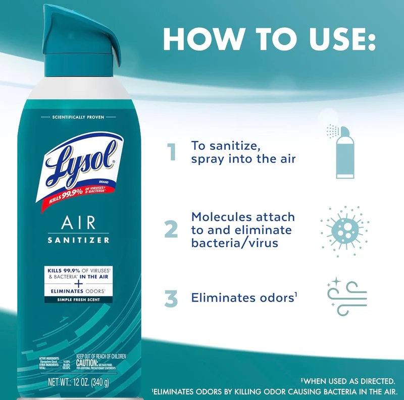 Lysol Air Sanitizer Spray + Odor Eliminator for Home & Office, Sanitizing Air Spray, Simple Fresh Scent, 10 oz (Pack of 3)
