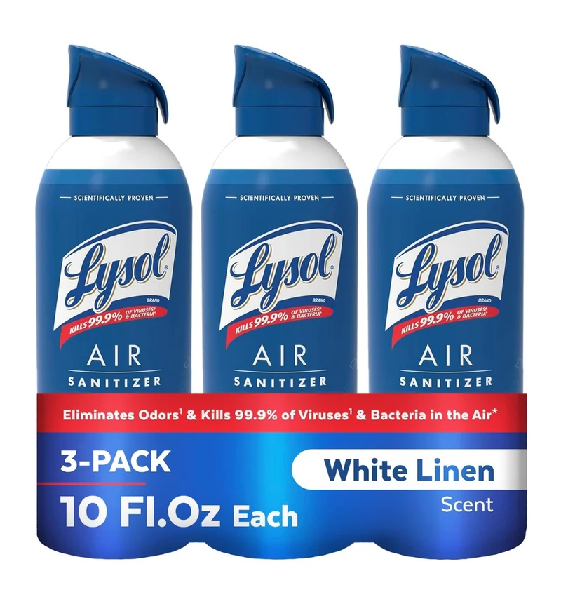 Lysol Air Sanitizer Spray + Odor Eliminator for Home & Office, Sanitizing Air Spray, White Linen Scent, 10 oz (Pack of 3)