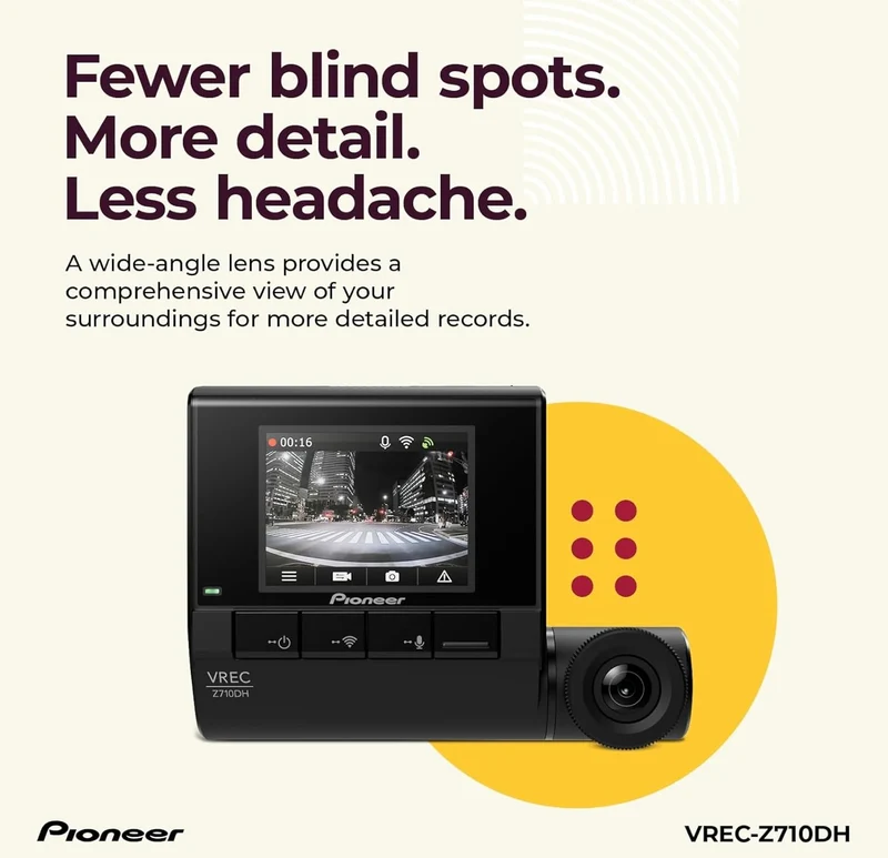 Pioneer VREC-Z710DH - High-Definition Dash Cam, 4K Ultra HD Recording, Dual-Channel, GPS Tracking, Wi-Fi Connectivity, and Advanced Driver Assistance Systems