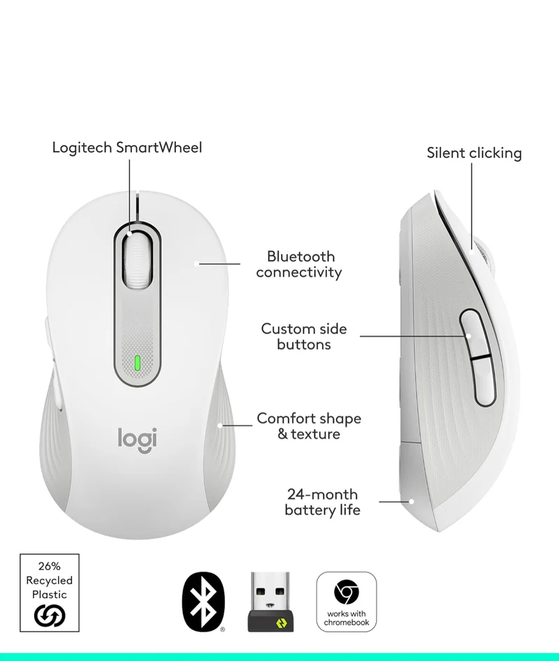 Logitech Wireless Mouse Signature M650 L Full Size - Large Hands, Silent Clicks, Customizable Buttons, Bluetooth, PC/Mac/Chromebook - Off White, Right-Handed, Large