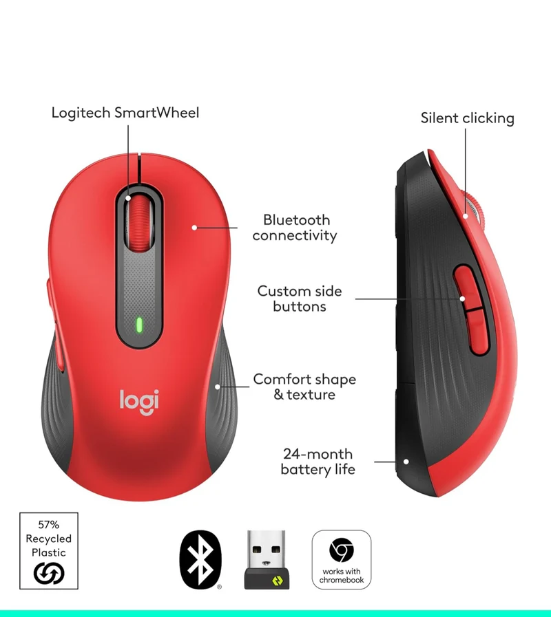 Logitech Wireless Mouse Signature M650 L Full Size - Large Hands, Silent Clicks, Customizable Buttons, Bluetooth, PC/Mac/Chromebook - Classic Red, Right-Handed, Large