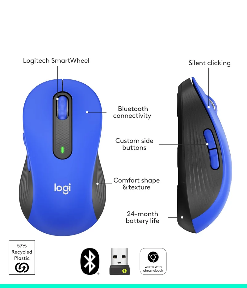 Logitech Wireless Mouse Signature M650 L Full Size - Large Hands, Silent Clicks, Customizable Buttons, Bluetooth, PC/Mac/Chromebook - Classic Blue, Right-Handed, Large