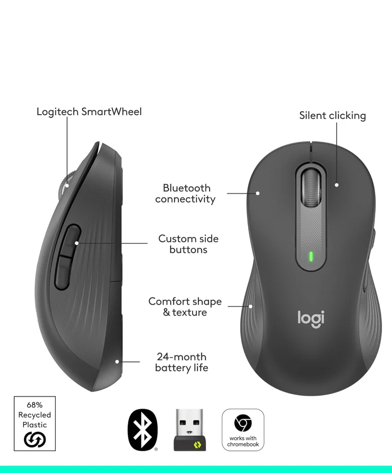 Logitech Signature M650 L Left (Graphite) - Optical - Wireless - Bluetooth/Radio Frequency - Graphite - USB - 2000 dpi - Scroll Wheel - 5 Button(s) - 5 Programmable Button(s) - Large Hand/Palm Size -