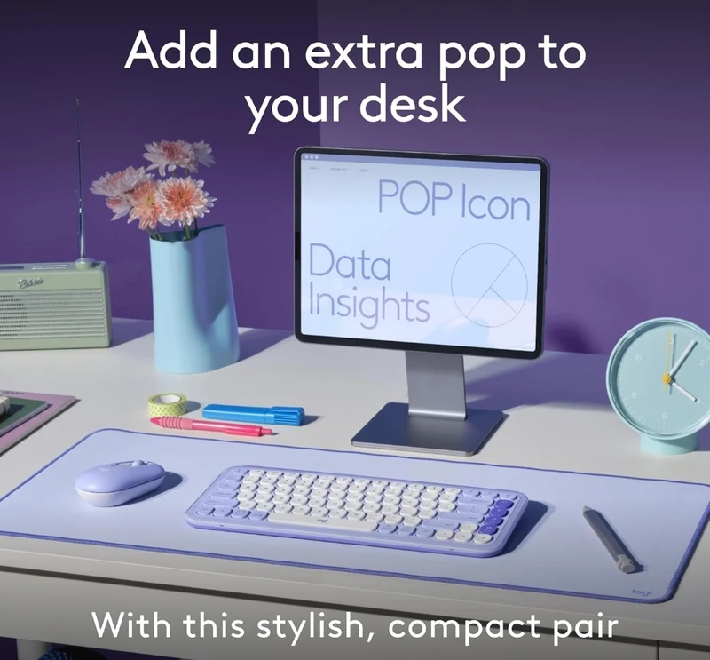 Logitech POP ICON Combo, Bluetooth Keyboard and Mouse Combo, Comfortable Typing, programmable Keys and Buttons, Quiet clicks, Easy-Switch up to 3 Devices - Lilac