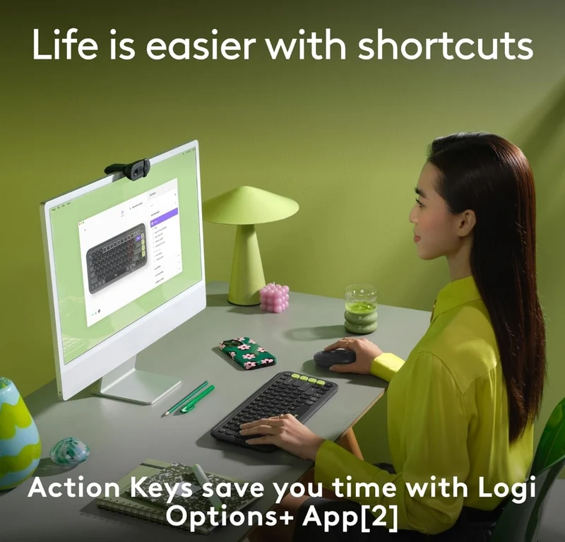 Logitech POP ICON Keys Wireless Bluetooth Keyboard, Comfortable Typing, Programmable Keys, Easy-Switch Between up to 3 Devices, for Laptop, Tablet, PC – Graphite and Green