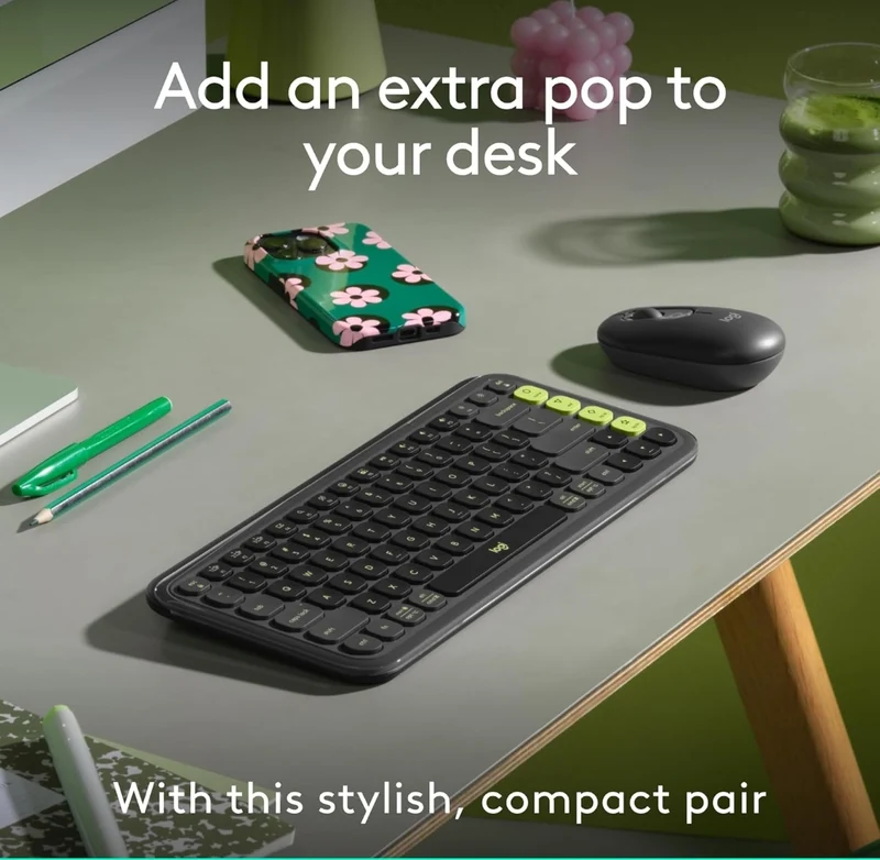 Logitech POP ICON Combo, Bluetooth Keyboard and Mouse Combo, Comfortable Typing, programmable Keys and Buttons, Quiet clicks, Easy-Switch up to 3 Devices - Graphite and Lime