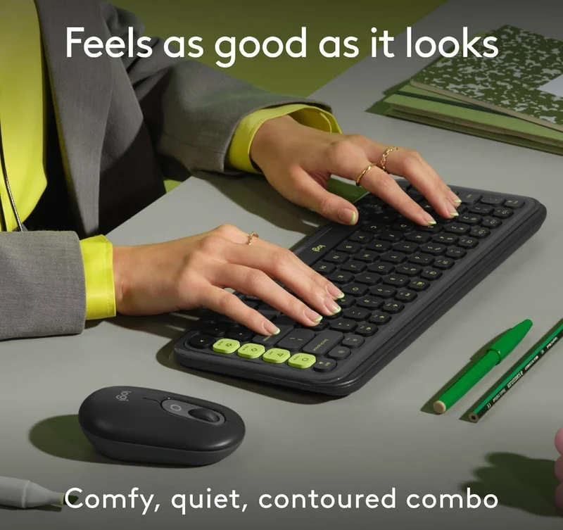Logitech POP ICON Combo, Bluetooth Keyboard and Mouse Combo, Comfortable Typing, programmable Keys and Buttons, Quiet clicks, Easy-Switch up to 3 Devices - Graphite and Lime