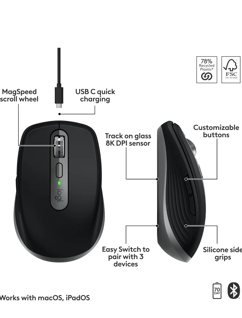 Logitech MX Anywhere 3S for Mac, Compact Wireless Bluetooth Mouse, 8K DPI Any-Surface Tracking, Quiet Clicks, USB C, Wireless Mouse for MacBook Pro, MacBook Air, iMac, iPad - Space Grey