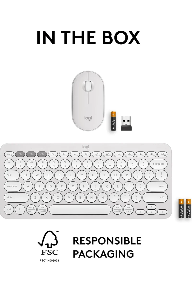 Logitech Pebble 2 Combo, Wireless Keyboard and Mouse, Quiet and Portable, Customizable, Logi Bolt, Bluetooth, Easy-Switch for Windows, macOS, iPadOS, Chrome - Tonal White
