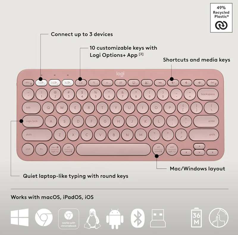 Logitech Pebble 2 Combo, Wireless Keyboard and Mouse, Quiet and Portable, Customizable, Logi Bolt, Bluetooth, Easy-Switch for Windows, macOS, iPadOS, Chrome - Tonal Rose