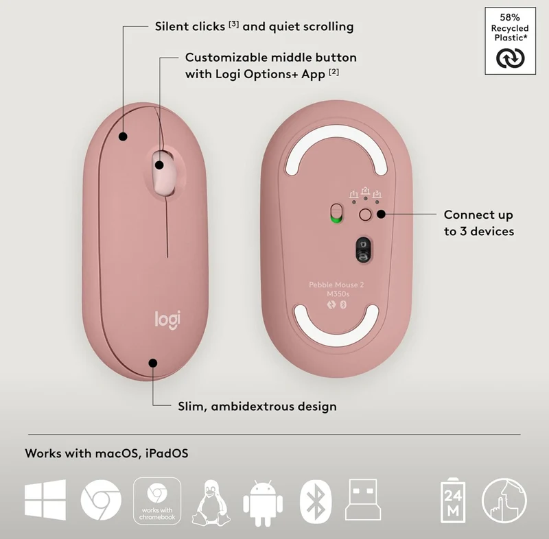 Logitech Pebble 2 Combo, Wireless Keyboard and Mouse, Quiet and Portable, Customizable, Logi Bolt, Bluetooth, Easy-Switch for Windows, macOS, iPadOS, Chrome - Tonal Rose
