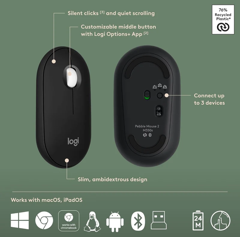 Logitech Pebble 2 Combo, Wireless Keyboard and Mouse, Quiet and Portable, Customizable, Logi Bolt, Bluetooth, Easy-Switch for Windows, macOS, iPadOS, Chrome - Black