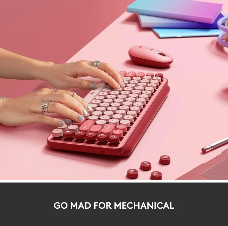 Logitech POP Mechanical Wireless Keyboard with Customizable Emoji Keys, Durable Compact Design, Bluetooth or USB Connectivity, Multi-Device, OS Compatible - Heartbreaker Rose