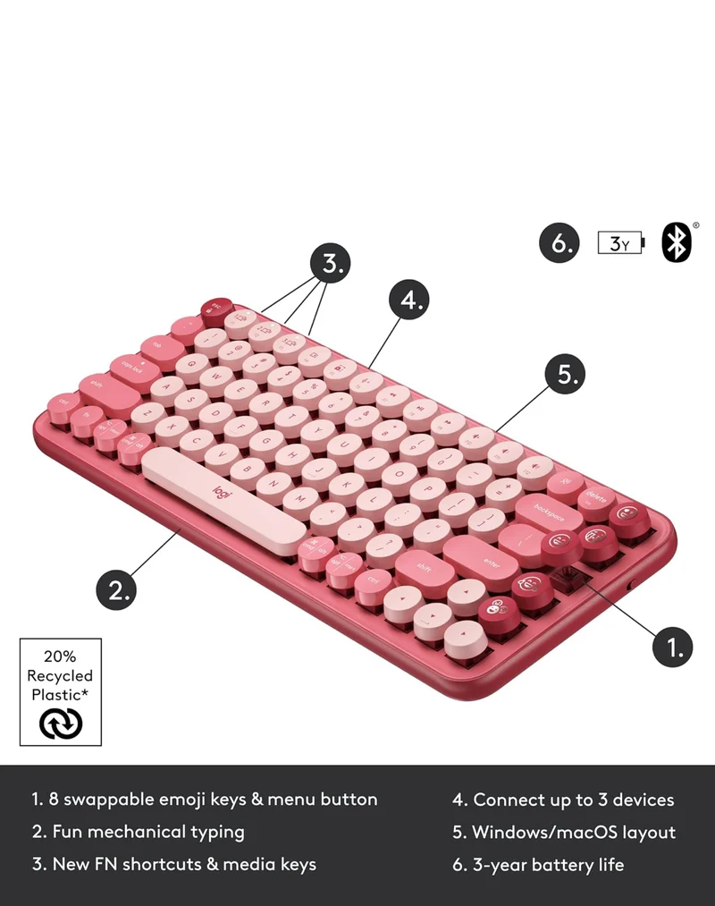 Logitech POP Mechanical Wireless Keyboard with Customizable Emoji Keys, Durable Compact Design, Bluetooth or USB Connectivity, Multi-Device, OS Compatible - Heartbreaker Rose