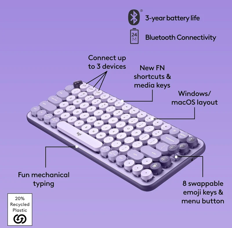 Logitech POP Keys Mechanical Wireless Keyboard with Customizable Emoji Keys, Durable Compact Design, Bluetooth or USB Connectivity, Multi-Device, OS Compatible - Cosmos