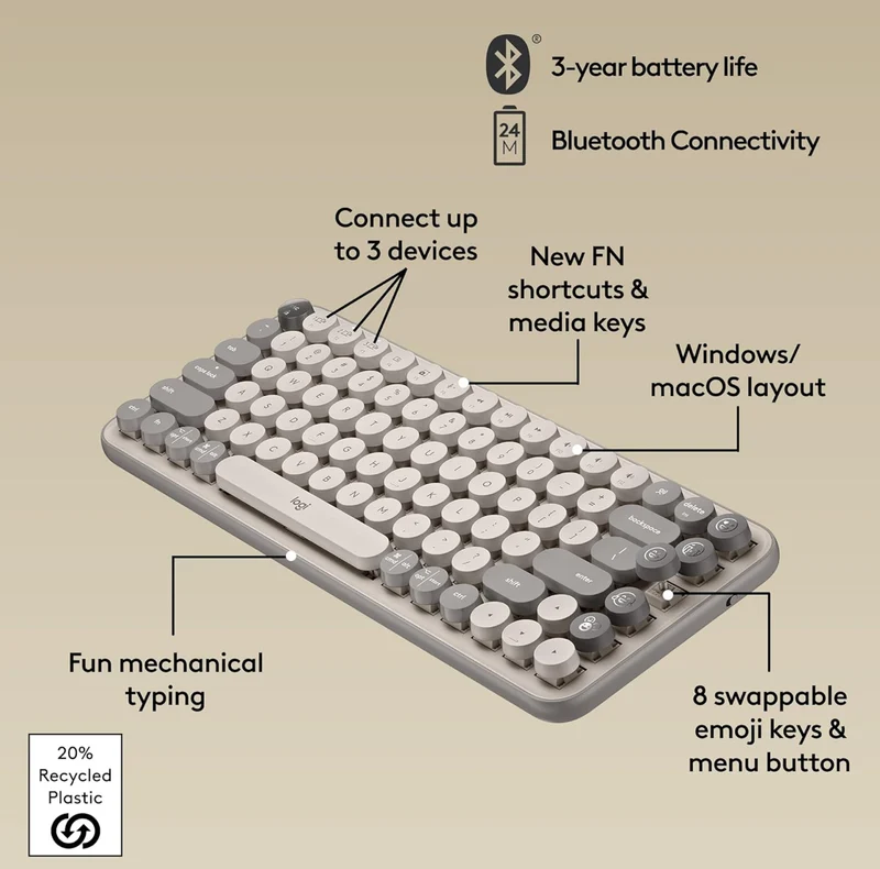 Logitech POP Keys Mechanical Wireless Keyboard with Customizable Emoji Keys, Durable Compact Design, Bluetooth or USB Connectivity, Multi-Device, OS Compatible -Mist