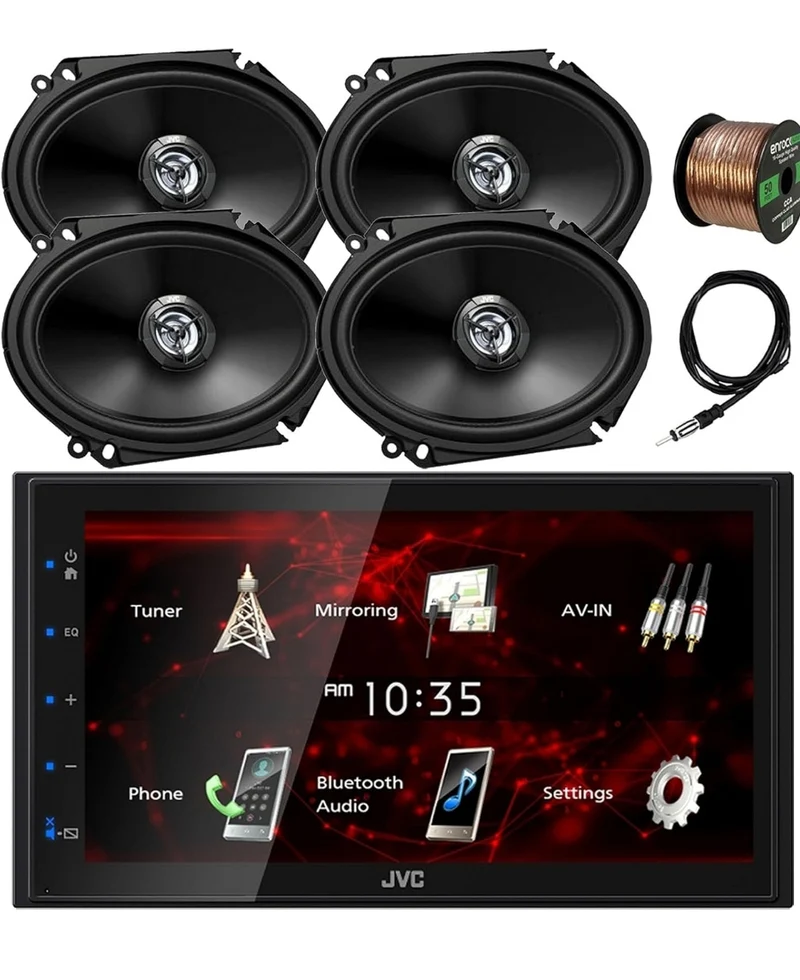 JVC Double DIN in-Dash 6.8" Touchscreen Bluetooth USB Digital Multimedia Car Radio Receiver, 4X 6x8 300 Watt Max Power 2-Way Automotive Audio Speakers, 22" Antenna, 16 Gauge 50 ft Speaker Wire