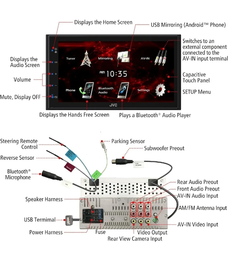 JVC Double DIN in-Dash 6.8" Touchscreen Bluetooth USB Digital Multimedia Car Radio Receiver, 4X 6x8 300 Watt Max Power 2-Way Automotive Audio Speakers, 22" Antenna, 16 Gauge 50 ft Speaker Wire