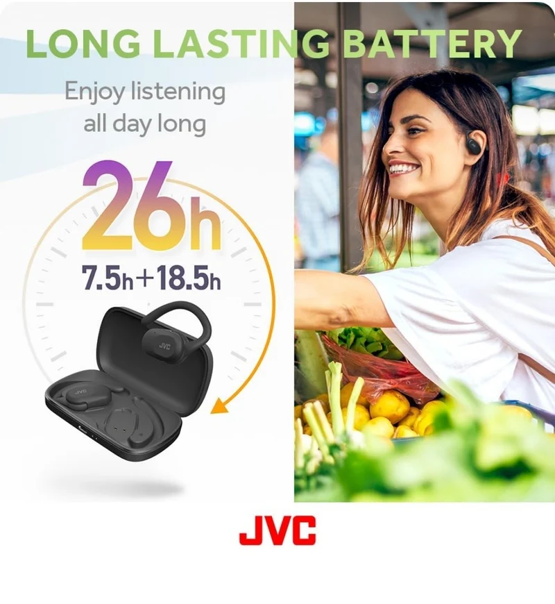 JVC nearphones Open Ear True Wireless Headphones with Pivot Motion Mecanism, 16mm Large Drivers Sound, Single Ear use, BT 5.4, Long Battery Life (up to 26 Hours) - HANP40TB (Black)