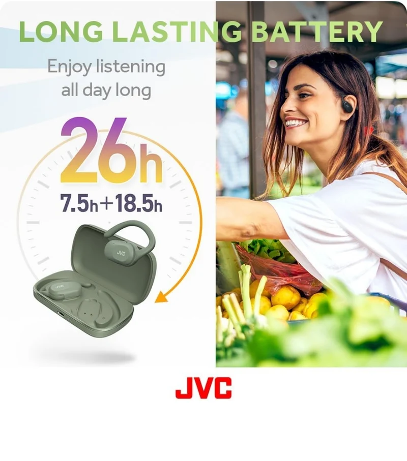 JVC nearphones Open Ear True Wireless Headphones with Pivot Motion Mecanism, 16mm Large Drivers Sound, Single Ear use, BT 5.4, Long Battery Life (up to 26 Hours) - HANP40TG (Green)
