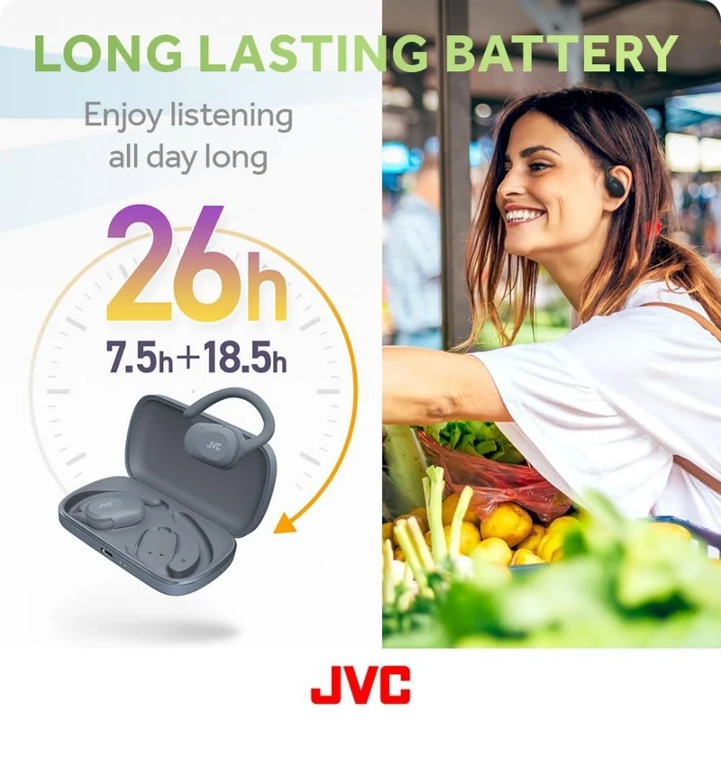 JVC nearphones Open Ear True Wireless Headphones with Pivot Motion Mecanism, 16mm Large Drivers Sound, Single Ear use, BT 5.4, Long Battery Life (up to 26 Hours) - HANP40TA (Blue)