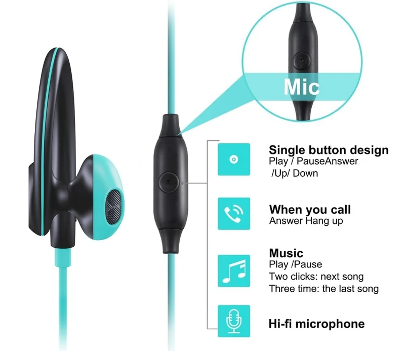 Sport Earbuds Wired in-Ear Headphones with Over Ear Hook Earclip Running Earphones Wrap Around Ear Buds Compatible with Smartphone Laptop Tablet MP3-3.5mm Jack