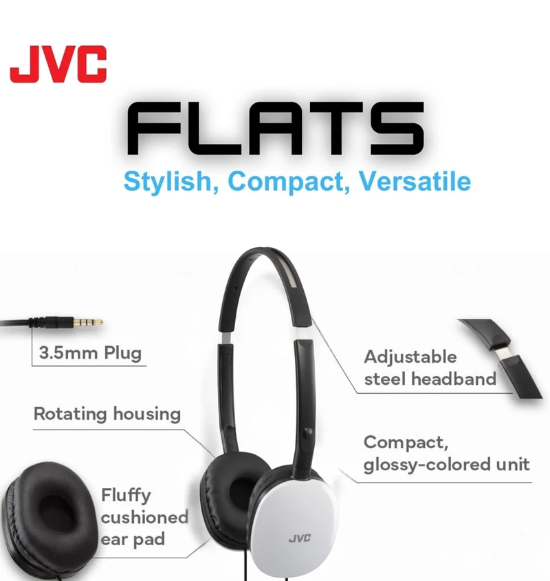 JVC Flats On-Ear Wired Headphones - Flat Foldable Design - 30mm Driver for Powerful Sound - Soft Ear-Pads for Comfort – Steel Headband - Lightweight & Portable - PC/Laptop/Gaming - 3.5mm Slim Plug