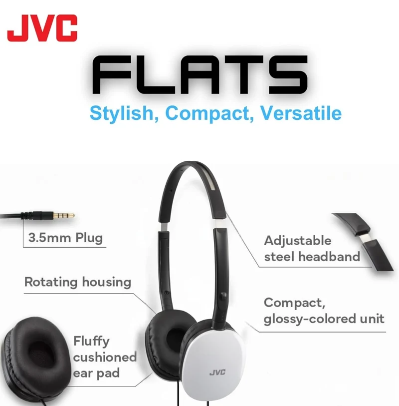 JVC Flats On-Ear Wired Headphones - Flat Foldable Design - 30mm Driver for Powerful Sound - Soft Ear-Pads for Comfort – Steel Headband - Lightweight & Portable - PC/Laptop/Gaming - 3.5mm Slim Plug