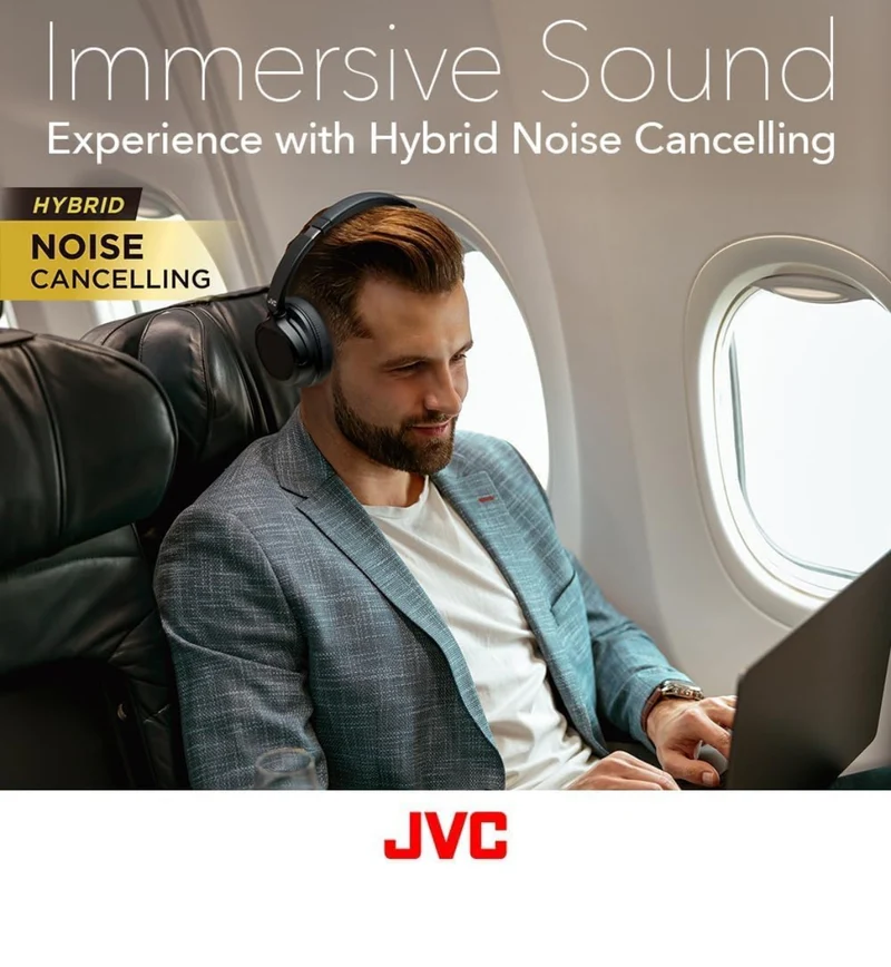 JVC Hybrid Noise Cancelling Wireless Headphones - Best Sound Blocking, Over Ear Design - Bluetooth 5.3 - Dual Mic - 50HR Battery - Detachable Cable - Voice Assistance - Long-Wear Comfort - HAS95N
