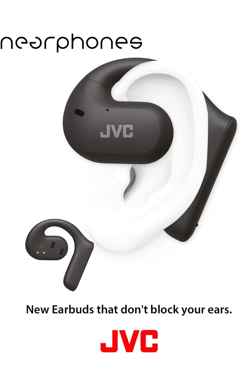 JVC Nearphones Open Ear True Wireless Headphones with 16mm Large Drivers for Powerful Sound, Single Ear use, and Long Battery Life (up to 17 Hours) - HANP35TW (Black)