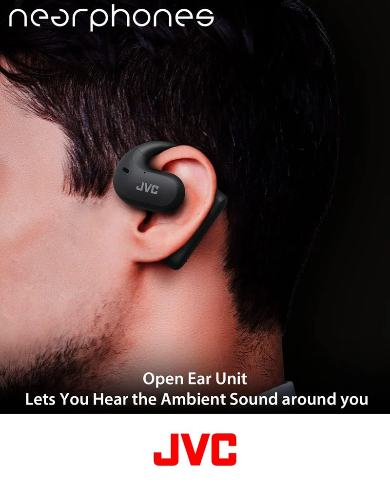 JVC Nearphones Open Ear True Wireless Headphones with 16mm Large Drivers for Powerful Sound, Single Ear use, and Long Battery Life (up to 17 Hours) - HANP35TW (Black)