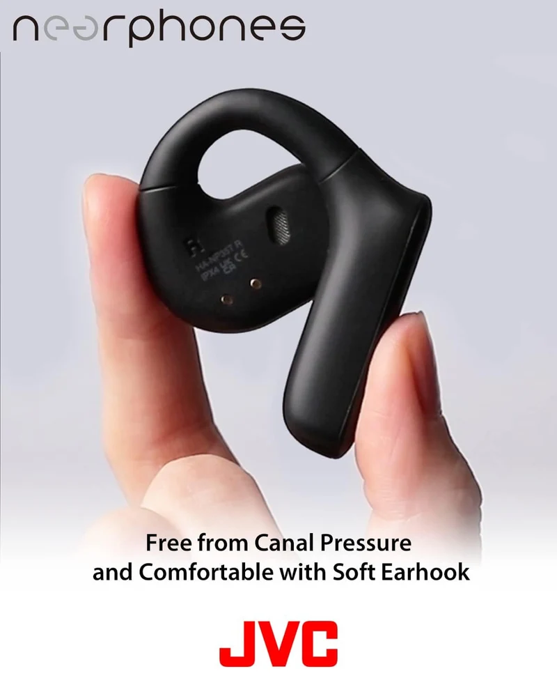 JVC Nearphones Open Ear True Wireless Headphones with 16mm Large Drivers for Powerful Sound, Single Ear use, and Long Battery Life (up to 17 Hours) - HANP35TW (Black)
