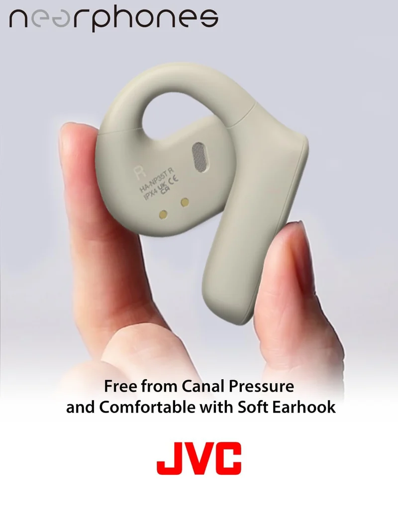 JVC Nearphones Open Ear True Wireless Headphones with 16mm Large Drivers for Powerful Sound, Single Ear use, and Long Battery Life (up to 17 Hours) - HANP35TW (White)