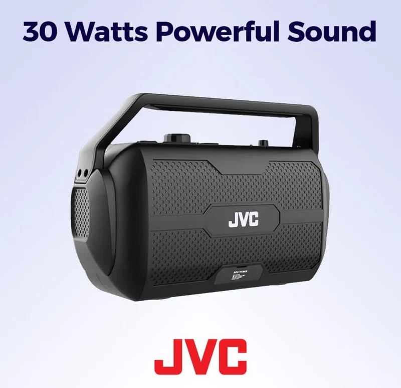 JVC Rover Portable Indoor/Outdoor Bluetooth Speaker, 30 Watts Powerful Sound, 30 Hours Battery, IPX4 Water Resistant, USB Port and Microphone/Guitar Input - XSS521PB (Black)